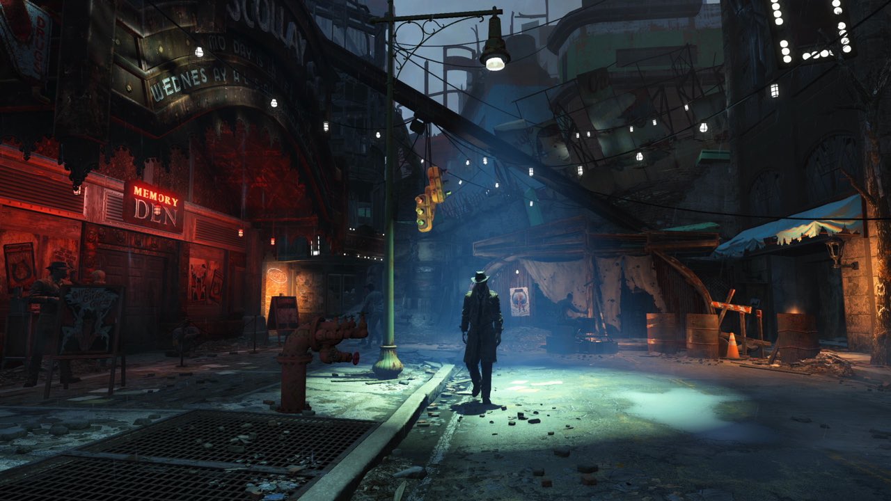 A neon-lit alley in a ruined city at night, a lone figure in a long coat walking through the light