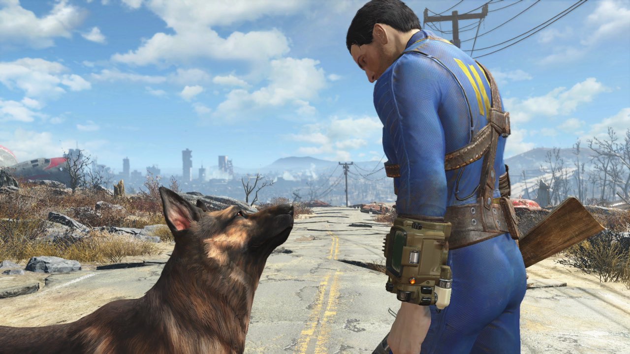 A vault dweller and a german shepherd facing each other on a cracked highway, the ruins of Boston on the horizon