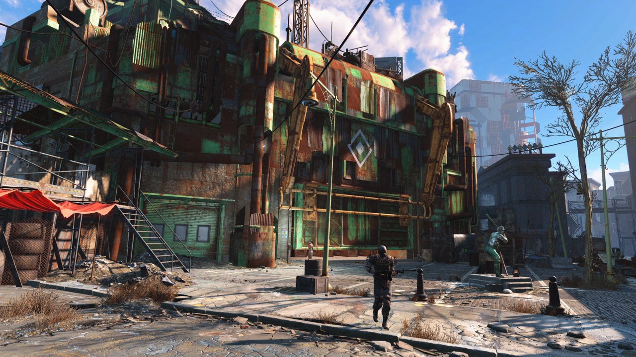 A multi-storey shack built from scrap metal and timber in a ruined street, with settlers walking below